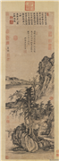 明王绂勘书图　轴,绘画,山水,人物,树木,建筑,器用
