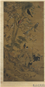 明边文进三友百禽图　轴,绘画,翎毛,山水,树木,花草