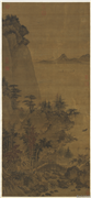 明戴进溪桥策蹇图　轴,绘画,山水,树木,建筑,人物,船,走兽,花草