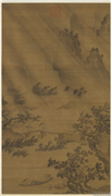 明戴进风雨归舟　轴,绘画,山水,器用,树木,建筑,船,花草,人物