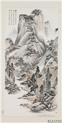 民国郑昶山水　轴,绘画,山水,树木,人物,建筑