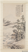 民国王震荷亭消夏　轴,绘画,山水,花草,人物,建筑,树木