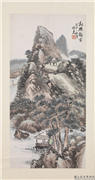清蒲华设色山水　轴,绘画,山水,树木,建筑,人物