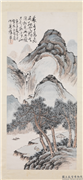 清蒲华山水  轴,绘画,山水,树木,建筑,人物,船