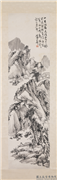清蒲华山水屏　轴,绘画,山水,树木,船,人物,建筑,花草