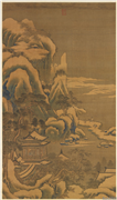 明王谔瑞雪凝冬　轴,绘画,山水,树木,建筑,走兽,器用,船,人物