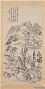 清蒲华山水　轴,绘画,山水,树木,建筑,船,人物