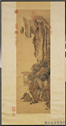 明周臣松岩飞瀑　轴,绘画,山水,建筑,树木,器用,人物