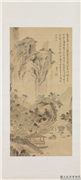 民国溥心畲山水　轴,绘画,山水,树木,人物,建筑,船