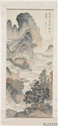 民国溥心畲湖山胜概　轴,绘画,山水,树木,建筑,人物