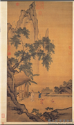 明周臣画闲看儿童捉柳花句意　轴,绘画,山水,树木,器用,人物