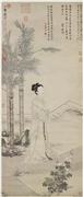 明唐寅画班姬团扇　轴,绘画,人物,树木,花草,器用,建筑,山水