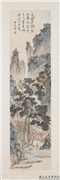 民国溥心畲山水四屏　轴　危涧斜照,绘画,山水,树木,建筑,人物,器用