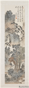 民国溥心畲山水四屏　轴　青山流泉,绘画,山水,树木,建筑