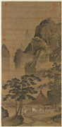 明仇英松亭试泉图　轴,绘画,山水,建筑,树木,花草,器用,人物