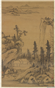 明罗牧山水四屏　轴,绘画,山水,树木,人物,建筑