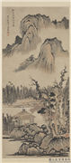 清黎简山水　轴,绘画,山水,树木,建筑,人物,船
