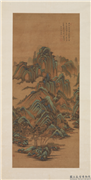 清王监青绿山水　轴,绘画,山水,树木,建筑