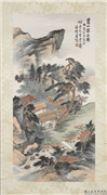 民国萧愻嵩山乐志　轴,绘画,山水,树木,建筑,人物,器用