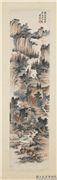 民国萧愻碧涧白云　轴,绘画,山水,树木,建筑,人物,器用