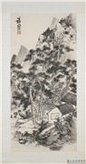 民国萧愻松泉秋读　轴,绘画,树木,建筑,山水,人物,器用