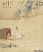 民国张大千柳荫独钓　镜片,绘画,人物,树木,山水