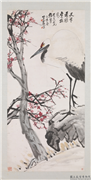 民国王震寒梅白鹤　轴,绘画,翎毛,花草,山水
