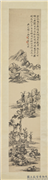 民国陆恢山水四屏　轴　（四）,绘画,山水,树木,建筑,人物