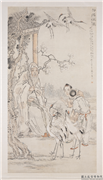 清钱慧安汾阳玩鹤　轴,绘画,人物,建筑,花草,翎毛,树木