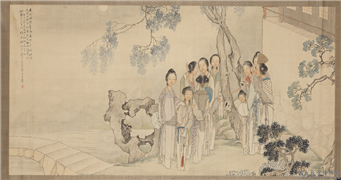 清钱慧安仿仇英仕女　横披,绘画,人物,树木,山水,建筑,其他,器用