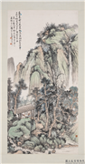 民国赵云壑设色山水　轴,绘画,山水,树木,建筑,人物,器用