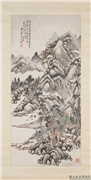 清秦祖永秋山图　轴,绘画,山水,树木,建筑