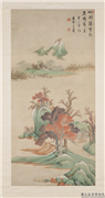 民国祁崑峒关蒲雪图　轴,绘画,山水,树木,花草,建筑,船,人物