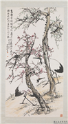民国王震寒梅白鹤　轴,绘画,花草,翎毛