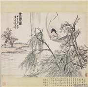 民国王震美园图　轴,绘画,人物,树木,建筑,山水,器用