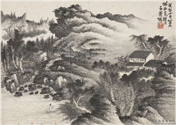 民国萧愻山溪独钓图　单片,绘画,山水,人物,船,建筑,器用