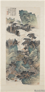 民国萧愻设色山水图　轴,绘画,山水,树木,建筑,人物