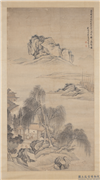 清上官周山水　轴,绘画,山水,树木,建筑,人物,船,器用