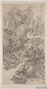 清方薰秋山行旅图　轴,绘画,山水,树木,建筑,人物,走兽