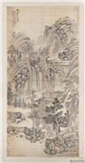 清毕涵阴岩飞瀑　轴,绘画,山水,树木,建筑,人物
