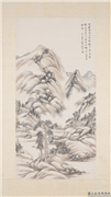 民国顾麟士山水　轴,绘画,山水,树木,建筑,人物,船
