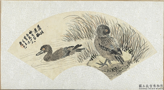 清陈炤蒲塘逸趣扇面　镜片,绘画,翎毛,花草,山水