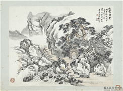 民国张谷年松龛静业　镜片,绘画,山水,树木,人物,建筑