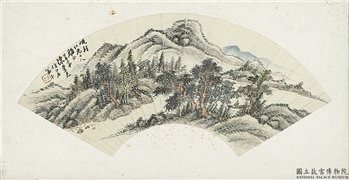 清陈炤仿白石翁山水扇面　镜片,绘画,山水,树木,人物,船,建筑