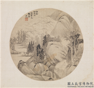 清吴大澂仿徐幼文山水团扇　镜片,绘画,山水,树木,建筑,人物