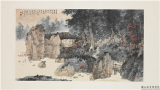 民国李义弘山水　镜片,绘画,山水,树木,建筑,人物,花草