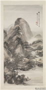 清吴石僊携琴访友　轴,绘画,山水,树木,人物,器用,船,建筑