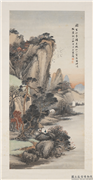 清吴石僊秋山看雨晴　轴,绘画,山水,树木,人物,建筑,翎毛,船