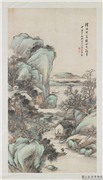 民国吴石僊春景山水　轴,绘画,山水,树木,建筑,人物,船,器用,花草