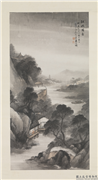 清吴石僊江城雨意　轴,绘画,山水,树木,建筑,人物,器用,船